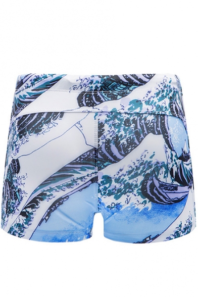 Cool Light Blue Wave Printed Training Shorts Surfing Swim Shorts for Guys