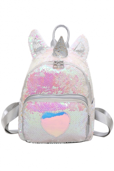 Cute Cartoon Heart Unicorn Shape White Sequined Backpack for Girls 24*11*29 CM
