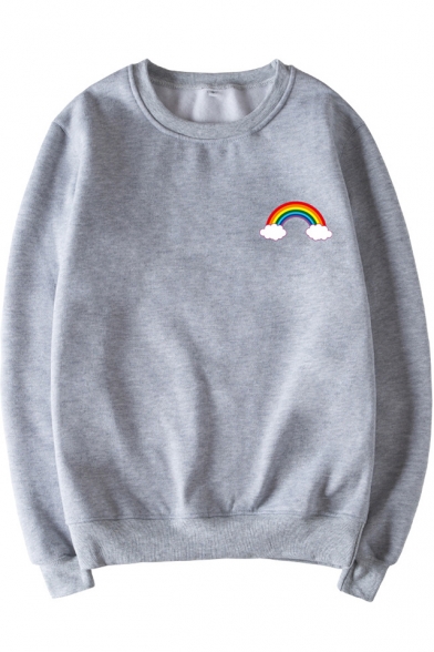 Cute Cloud Rainbow Printed Round Neck Long Sleeve Pullover Sweatshirt