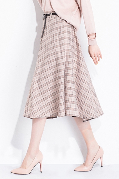 Fashion Classic Plaid Check Pattern Midi A-Line Skirt