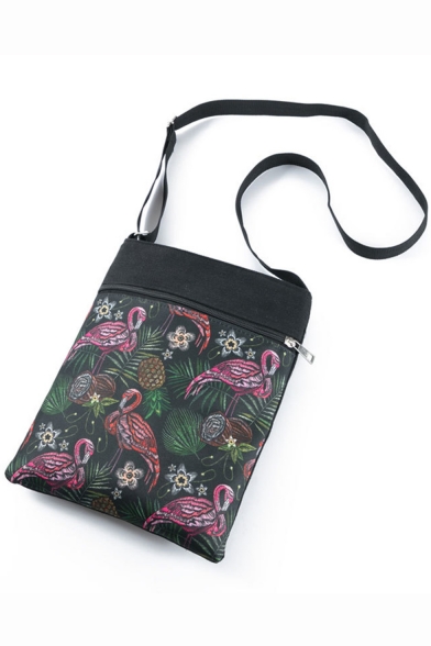 Fashion Flamingo Floral Plants Printed Black Shoulder Messenger Bag 22.5*27 CM