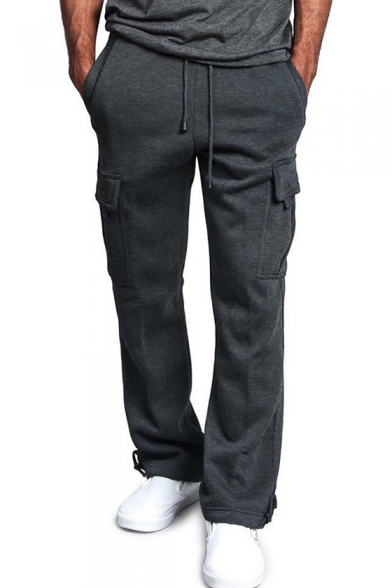 Fashion Simple Plain Drawstring Waist Loose Casual Straight Cargo Trousers for Men