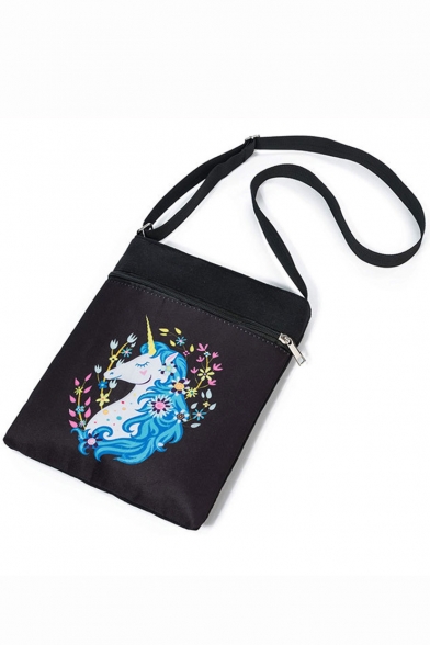 Fashion Unicorn Floral Printed Black Canvas Shoulder Messenger Bag 22.5*27 CM