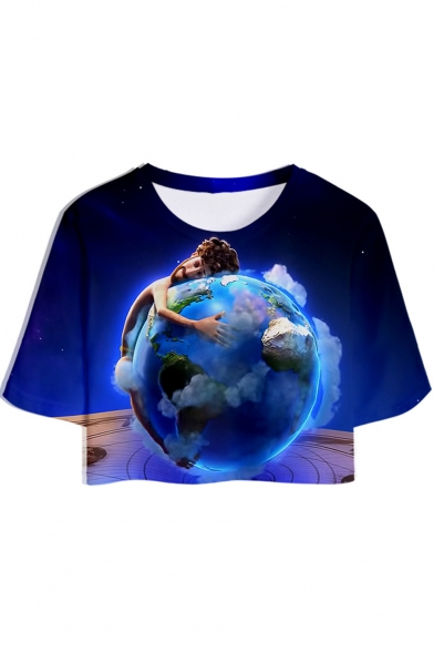 Funny Blue Figure Earth Printed Short Sleeve Round Neck Relaxed Crop T-Shirt