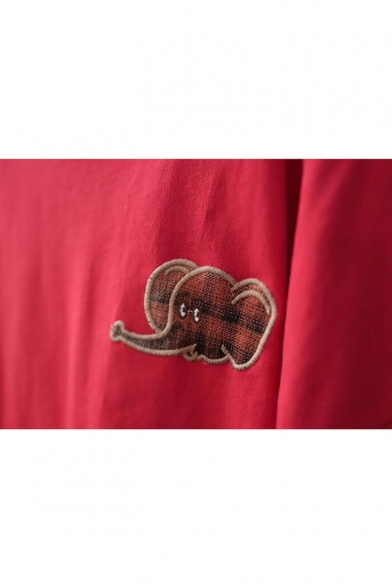 Girls Summer Cartoon Elephant Letter Embroidery Cutout Sleeve Cotton Loose T-Shirt
