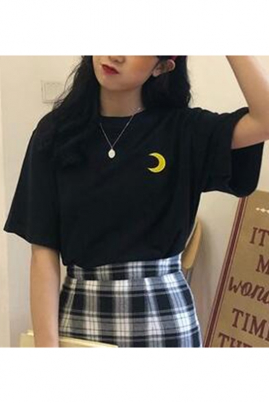 Girls Summer Cute Cartoon Moon Sun Embroidery Round Neck Loose Fit T-Shirt