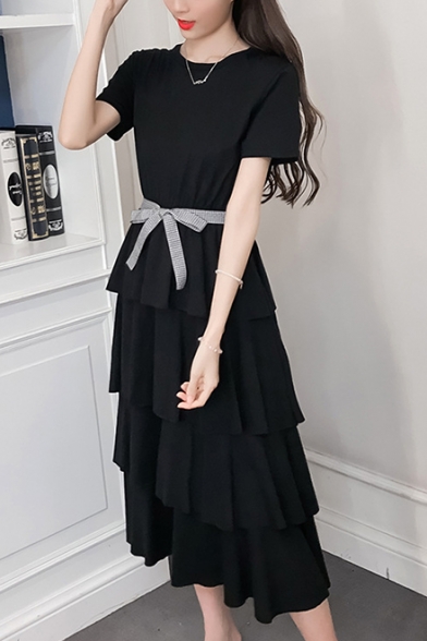 Girls Summer Solid Color Round Neck Short Sleeve Bow-Tied Waist Layered Ruffle Midi A-Line Dress