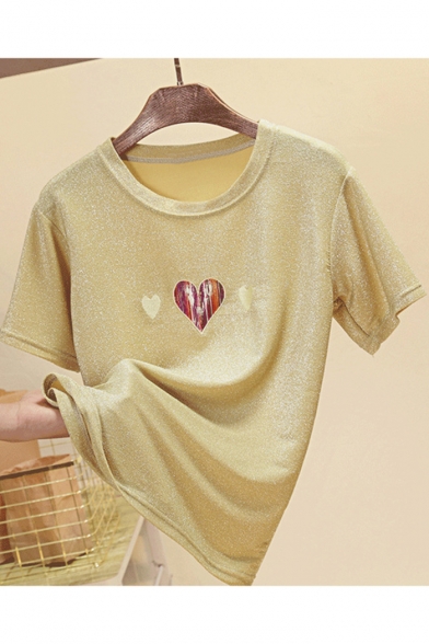 Girls Summer Sweet Heart Printed Loose Fit Glitter Silk T-Shirt