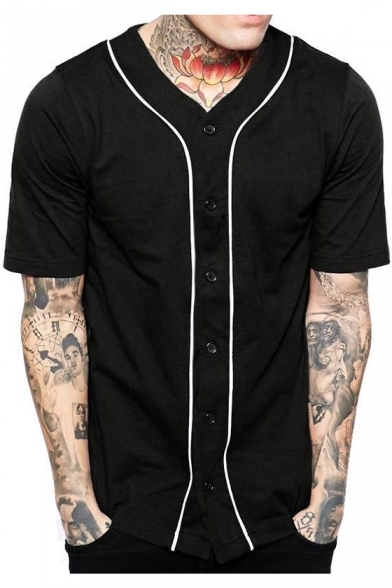 Guys Trendy Contrast Piping V-Neck Short Sleeve Cotton Button Down Baseball Shirt