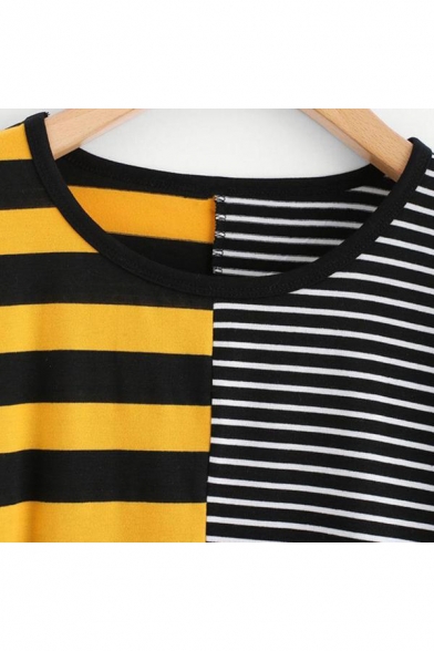 Hot Fashion Black and Yellow Colorblock Striped Casual T-Shirt