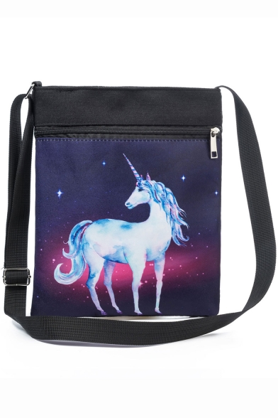 Hot Fashion Galaxy Unicorn Painted Navy Canvas Shoulder Messenger Bag 22.5*27 CM