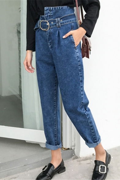 Hot Fashion High Rise Tied Waist Solid Color Blue Carrot Jeans for Women