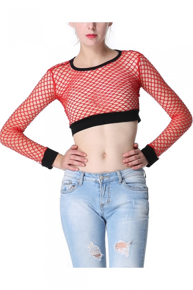 Hot Popular Sexy Round Neck Long Sleeve Hollow Out Mesh Cropped Nightclub T-Shirt
