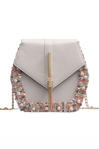 Ladies Elegant Plain Lace Pearl Fringed Embellishment Crossbody Sling Bag 19*6*18 CM