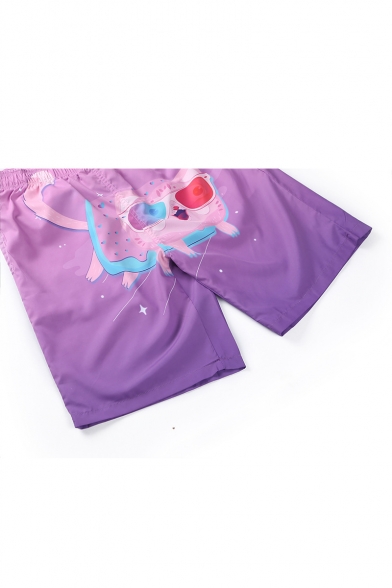 Lovely Cartoon Cat Printed Elastic Waist Mens Purple Swim Trunks with Liner