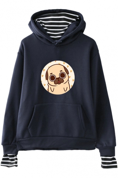 Lovely Cartoon Pug Dog Print Stripe Inside Pullover Loose Relaxed Hoodie