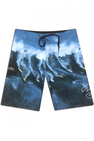 Men's Blue Fashion Printed Drawstring Waist Quick-Dry Surf Swim Trunks