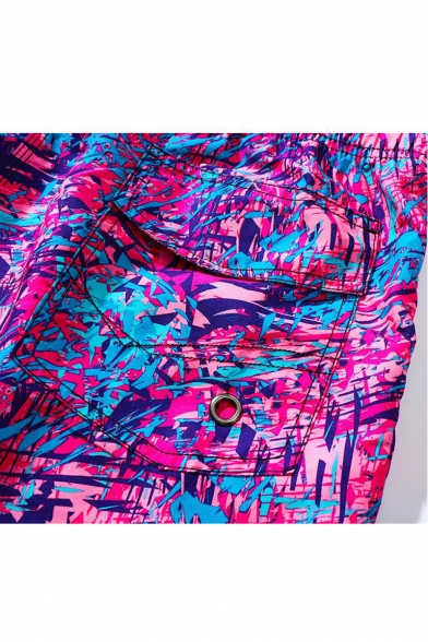 Mens New Trendy Pink Pattern Drawstring Waist Velcro Pocket Casual Loose Beach Swim Trunks