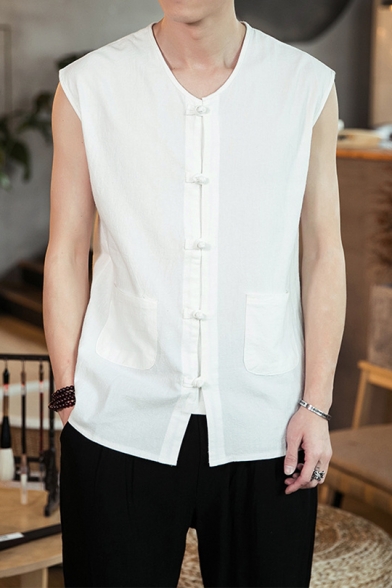 Mens Summer Retro Chinese Style Frog Button Front V-Neck Sleeveless Plain Casual Shirt Blouse