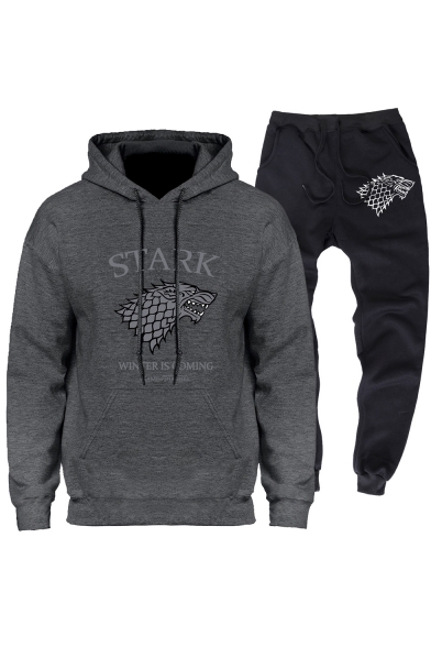 New Fashion Stark Wolf Badge Printed Casual Loose Hoodie with Sweatpants Sport Two-Piece Set