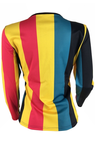 New Stylish Colorful Striped Printed Womens Slim Fit Long Sleeve T-Shirt