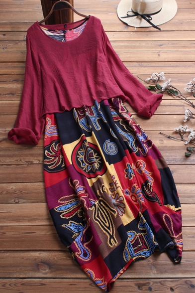 New Stylish Ethnic Print Round Neck Long Sleeve Loose Midi A-Line Cotton Dress