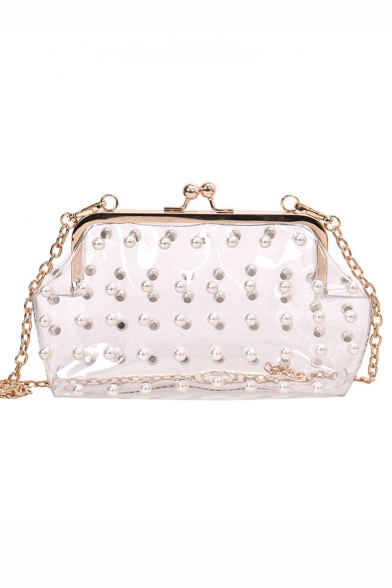 New Stylish Solid Color Pearl Embellishment Transparent Clutch Crossbody Bag 21*6*15 CM