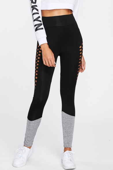 New Trendy Colorblock Hollow Out Quick Dry Fitness Yoga Leggings in Black