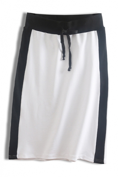 

New Trendy Colorblock Patchwork Drawstring Waist Casual Sport Midi Shift Skirt, Red;white;gray, LM518923