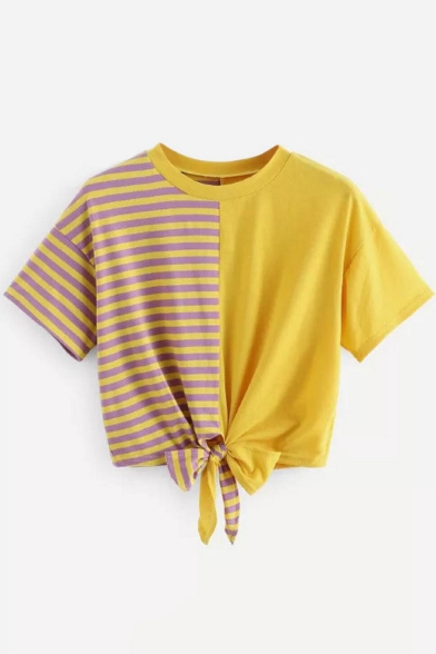 New Trendy Colorblock Striped Printed Round Neck Short Sleeve Tied Hem Cropped Ginger T-Shirt
