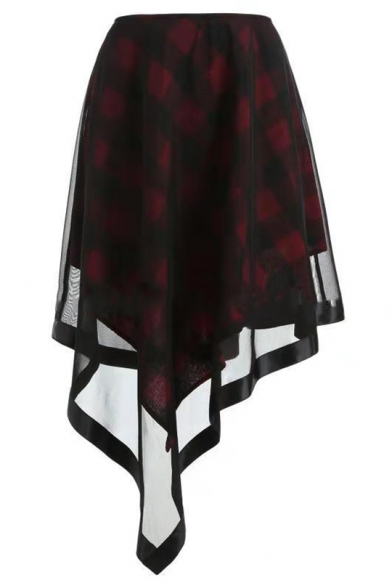 

New Trendy Red Check Plaid Pattern Asymmetrical Mesh Skirt, LM519059