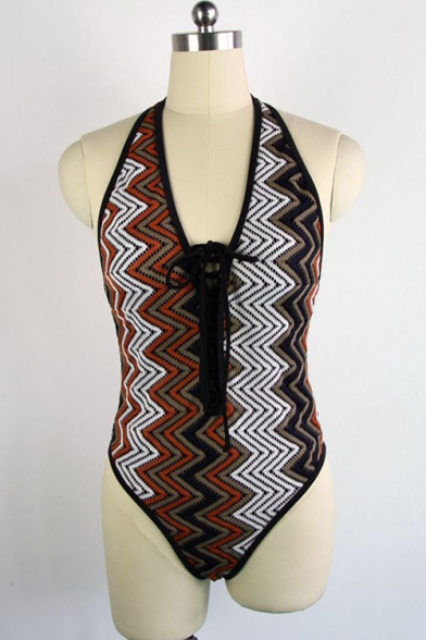 New Trendy Womens Zigzag Striped Printed Halter Neck Lace-Up Front One Piece Swimsuit Swimwear