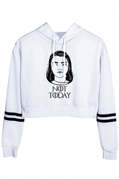 Popular Figure Letter NOT TODAY Striped Long Sleeve Cropped Drawstring Hoodie