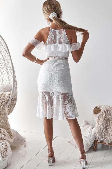 Sexy Hot Style White Plain Print Sleeveless Round Neck Lace Patchwork Midi Bodycon Dress