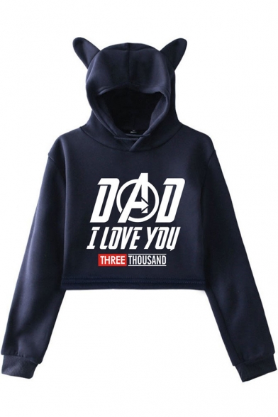Stylish Letter DAD I LOVE YOU THREE THOUSAND Cute Cat Ear Design Pullover Cropped Hoodie