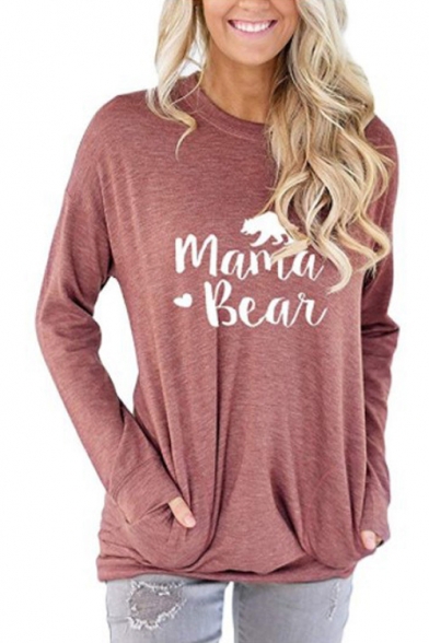 Stylish Letter MAMA BEAR Printed Long Sleeve Round Neck Casual T-Shirt with Pocket