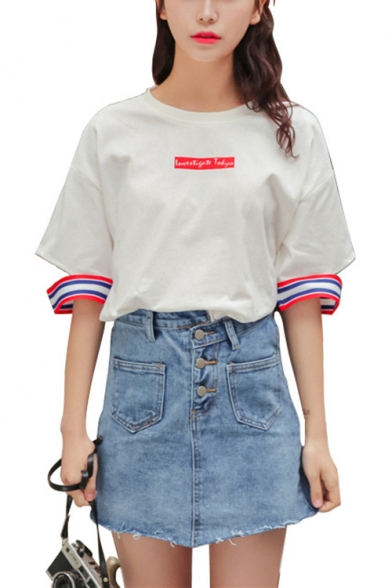 Summer Casual TOKYO Letter Printed Cut Out Stripes Side Short Sleeve Round Neck White Loose T-Shirt