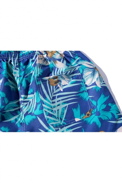 Summer Chic Blue Tropical Floral Printed Drawstring Waist Casual Board Shorts Swim Trunks