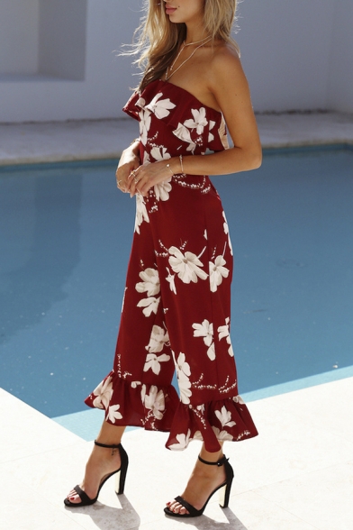 Summer Chic Burgundy Floral Printed Off the Shoulder Ruffled Cuff Jumpsuits