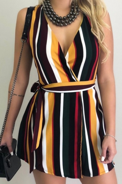 Summer Chic Colorful Stripe Printed V-Neck Sleeveless Tied Waist Mini A-Line Dress