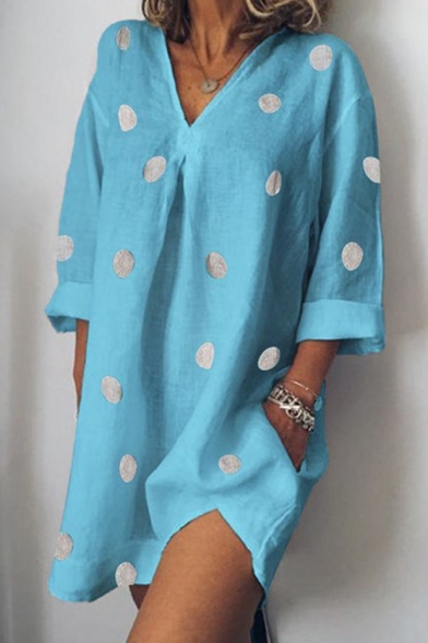 Summer Chic Polka Dot Printed V-Neck Long Sleeve Linen Casual Dress with Pocket