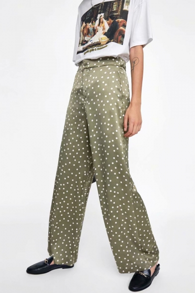 Summer Classic Polka Dot Printed Casual Green Wide Leg Pants for Women