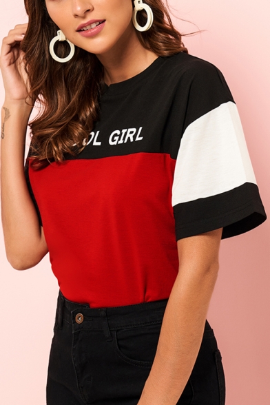 Summer COOL GIRL Fashion Colorblock Short Sleeve Loose Black and Red T-Shirt