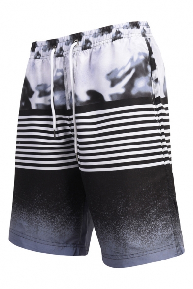 Summer Fancy Black Striped Printed Drawcord Waist Mens Beach Swimwear Swim Trunks with Liner