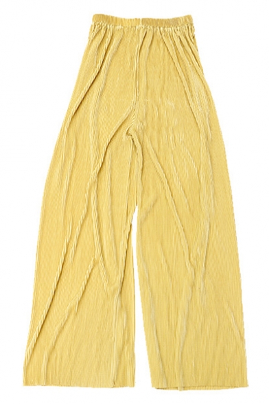Summer Fashion Candy Color Plain Elastic Waist Floor Length Culottes Pleated Wide-Leg Pants for Women