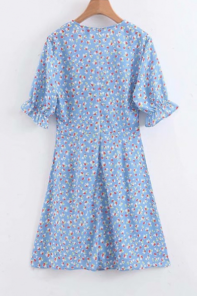 Summer Girls French Style Floral Printed V-Neck Light Blue Mini A-Line Dress