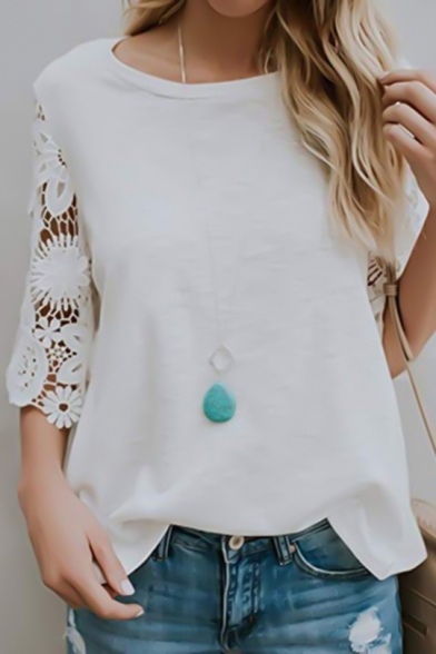 Summer Hot Fashion Solid Color Round Neck Hollow Out Lace Sleeve Relaxed T-Shirt