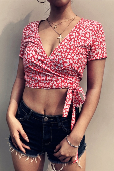 Summer New Trendy Floral Printed V-Neck Short Sleeve Wrap Tied Red Cropped Tee
