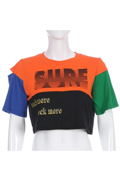 Summer Orange Cool Colorblock Letter SURE ROCK MORE Print Cropped Short Sleeve T-Shirt