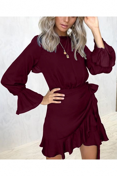Summer Round Neck Flared Cuff Long Sleeve Solid Color Tied Ruffled Mini A-Line Dress